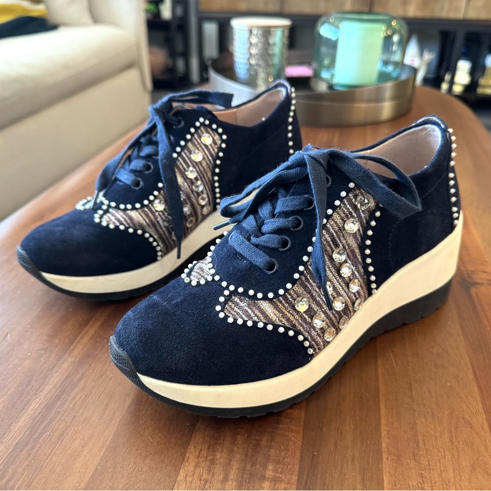 Desigual Wedge Pearl Suede Trainers with Crystal & Pearl Detail - Picture 3 of 12